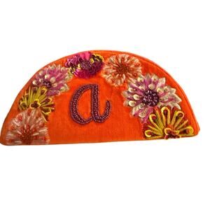 Anthropologie Monogram Crescent Pouch Orange with purple monogrammed A